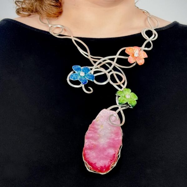 Contemporary Wildflower Enamel Necklace worn