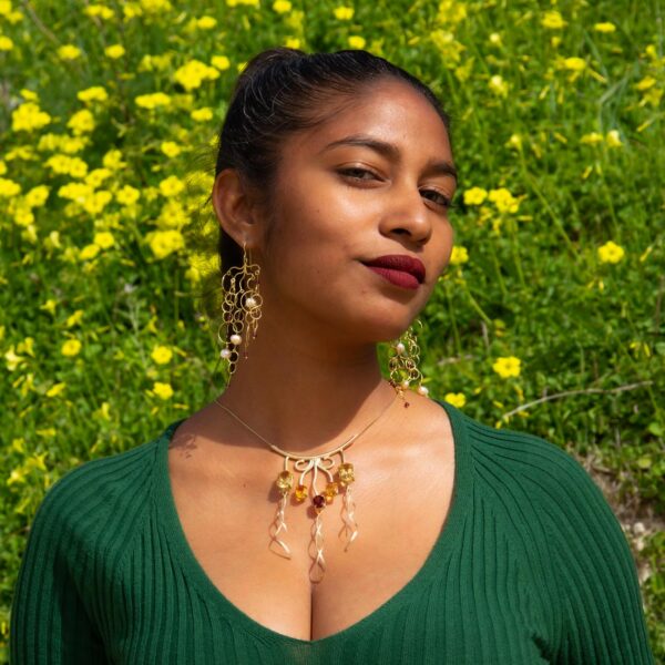 Statement Gold & Citrine Necklace worn with waterfall earrings