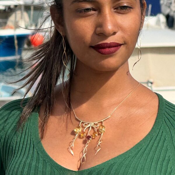 Statement Gold & Citrine Necklace worn with gold helix earrings