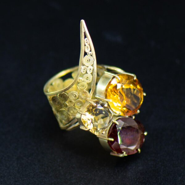 Statement Gold Filigree Citrine & Garnet Ring front side view