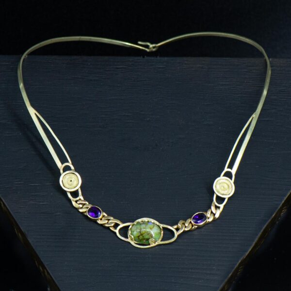 Heirloom amethyst and green jewellery redesign collar necklace